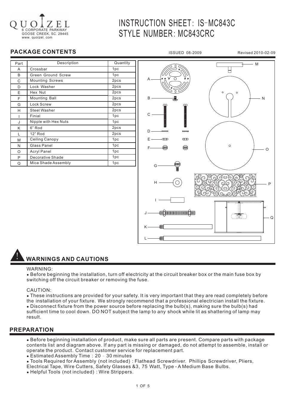 Quoizel MC843CRC Mica User Manual | 5 pages