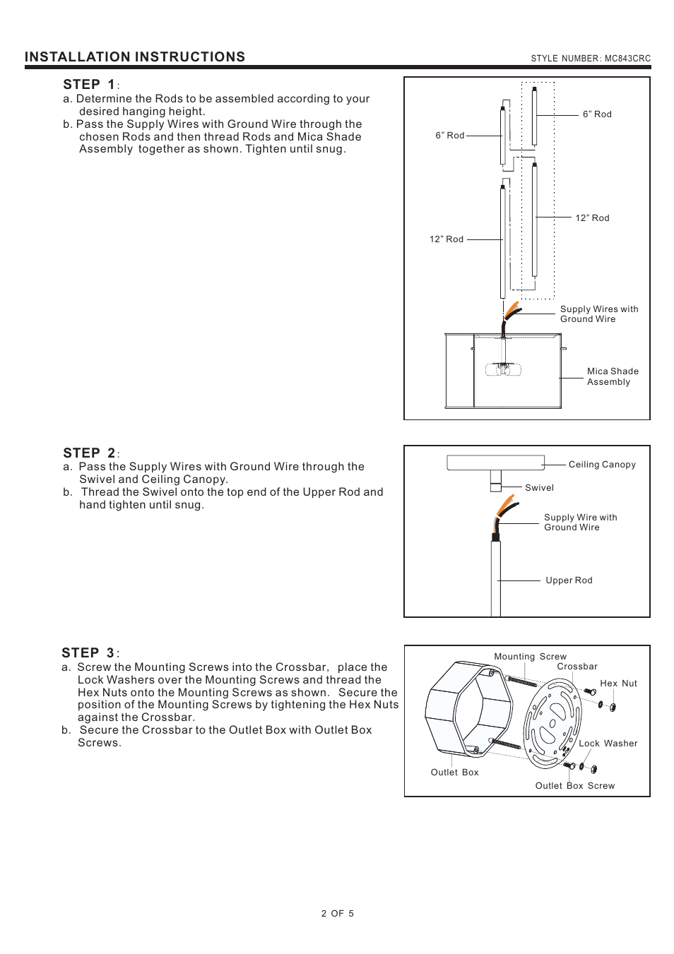 Installation instructions, Step 1, Step 2 | Step 3 | Quoizel MC843CRC Mica User Manual | Page 2 / 5