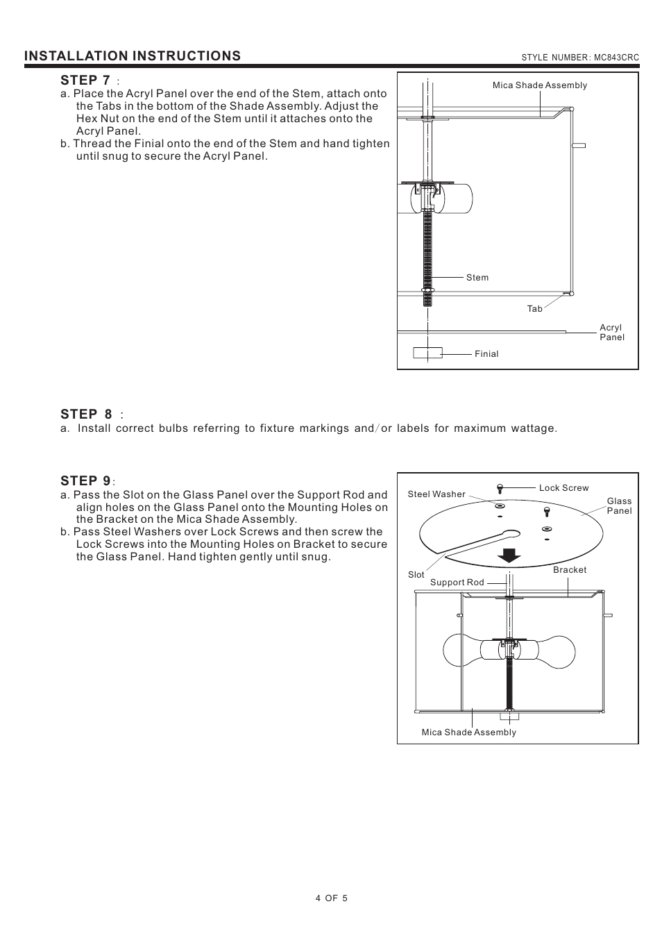 Installation instructions, Step 8, Step 7 | Step 9 | Quoizel MC843CRC Mica User Manual | Page 4 / 5