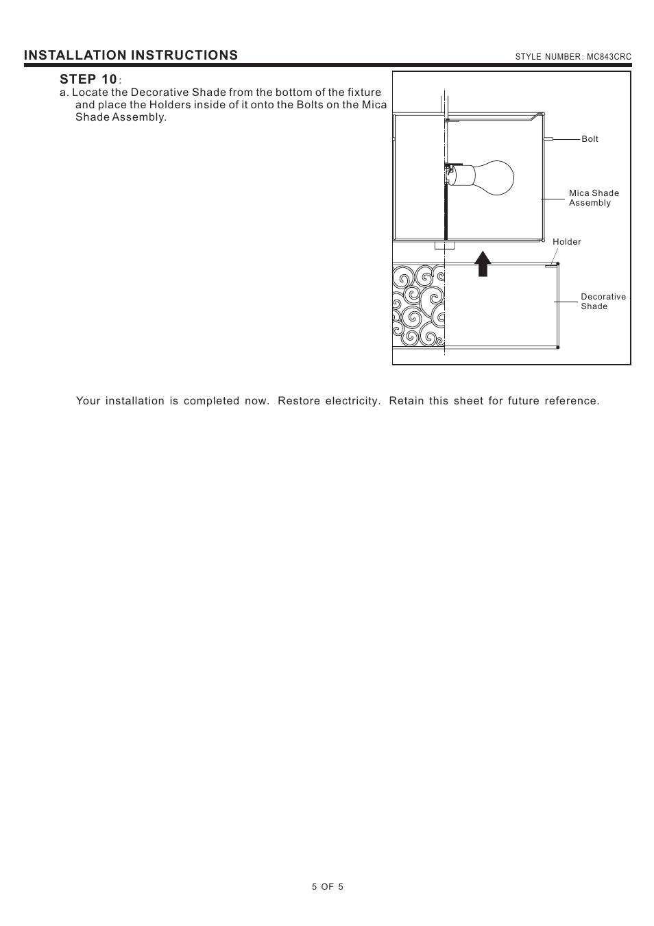 Installation instructions, Step 10 | Quoizel MC843CRC Mica User Manual | Page 5 / 5