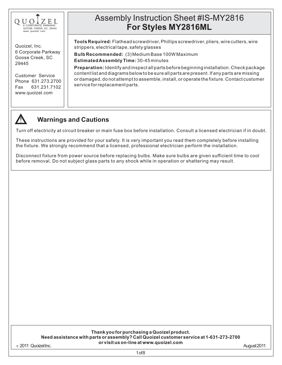 Quoizel MY2816ML Monterey Mosaic User Manual | 8 pages