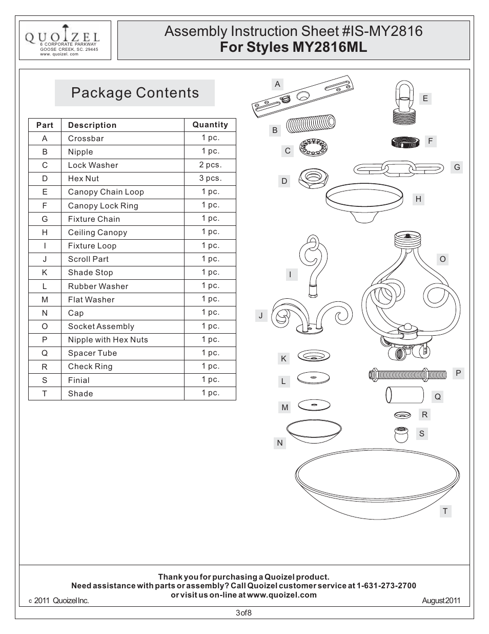 Package contents | Quoizel MY2816ML Monterey Mosaic User Manual | Page 3 / 8