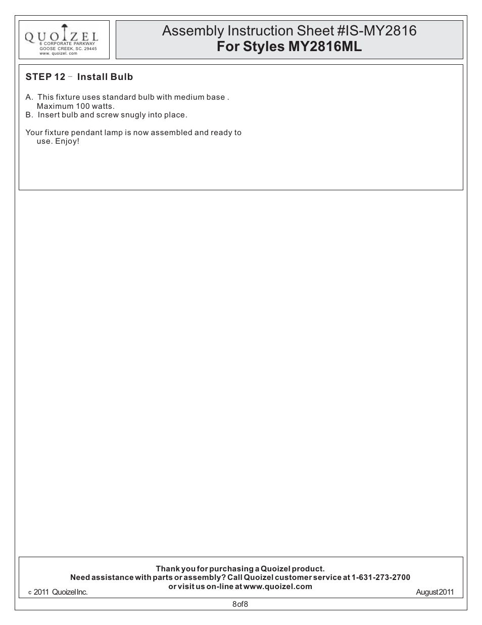 Quoizel MY2816ML Monterey Mosaic User Manual | Page 8 / 8