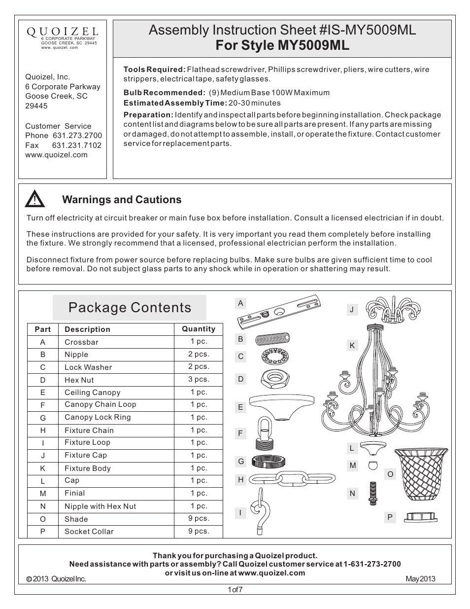 Quoizel MY5009ML Monterey Mosaic User Manual | 7 pages