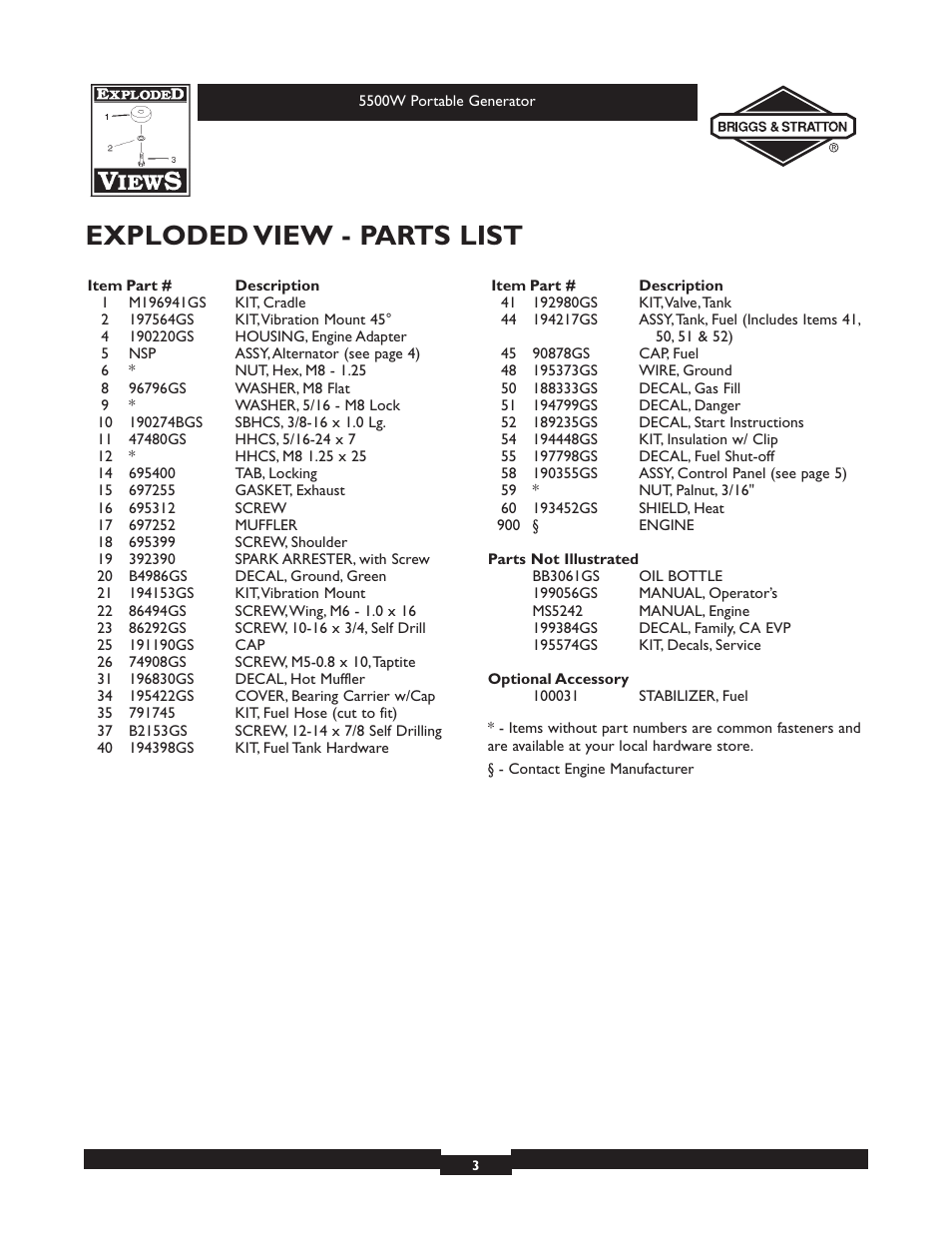 Exploded view - parts list | Briggs & Stratton 030209-2 User Manual | Page 3 / 6