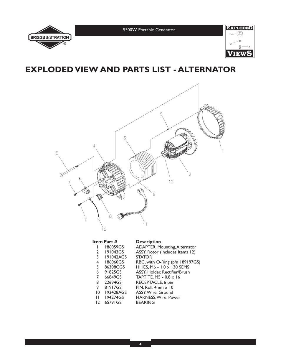 Exploded view and parts list - alternator | Briggs & Stratton 030209-2 User Manual | Page 4 / 6