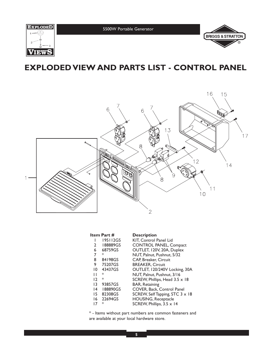 Exploded view and parts list - control panel | Briggs & Stratton 030209-2 User Manual | Page 5 / 6