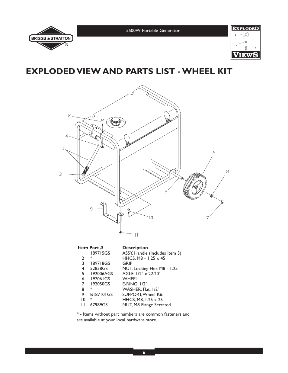 Exploded view and parts list - wheel kit | Briggs & Stratton 030209-2 User Manual | Page 6 / 6