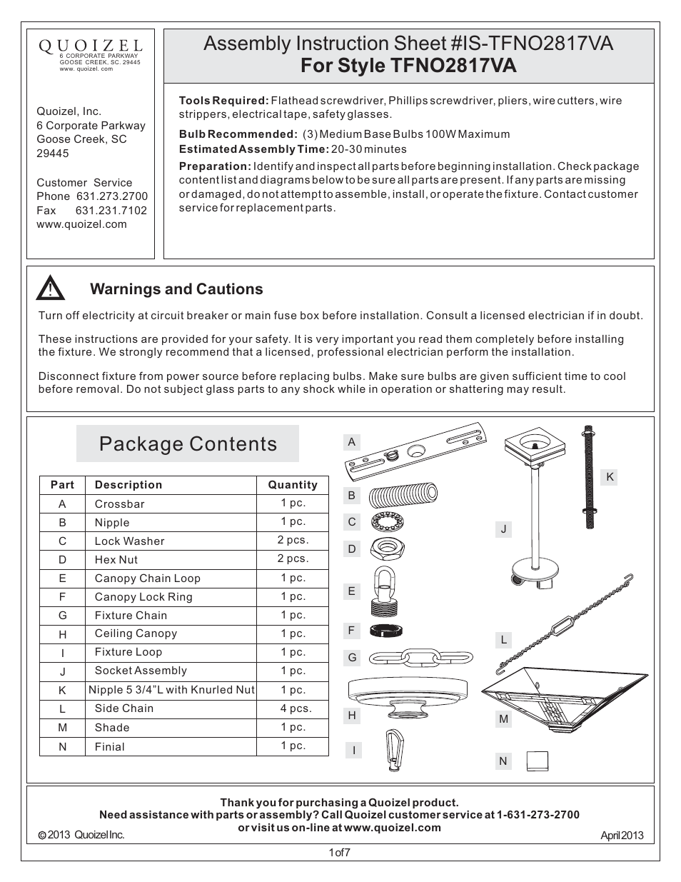 Quoizel TFNO2817VA Navajo User Manual | 7 pages