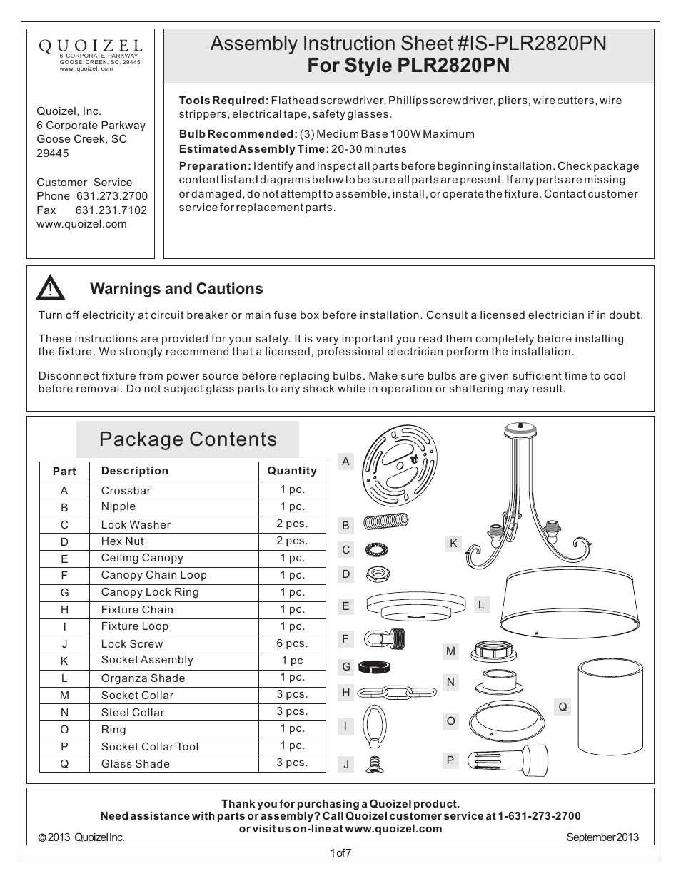 Quoizel PLR2820PN Palmer User Manual | 7 pages