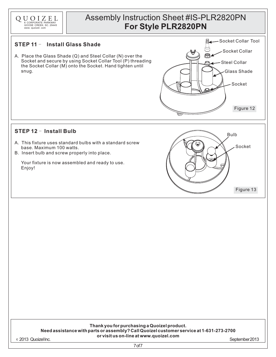 Quoizel PLR2820PN Palmer User Manual | Page 7 / 7
