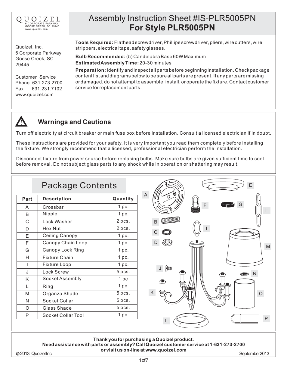 Quoizel PLR5005PN Palmer User Manual | 7 pages