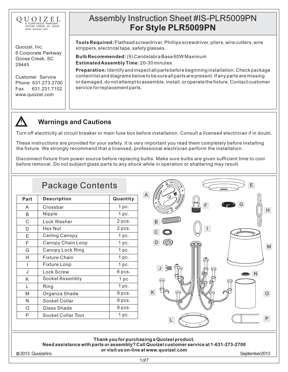 Quoizel PLR5009PN Palmer User Manual | 7 pages