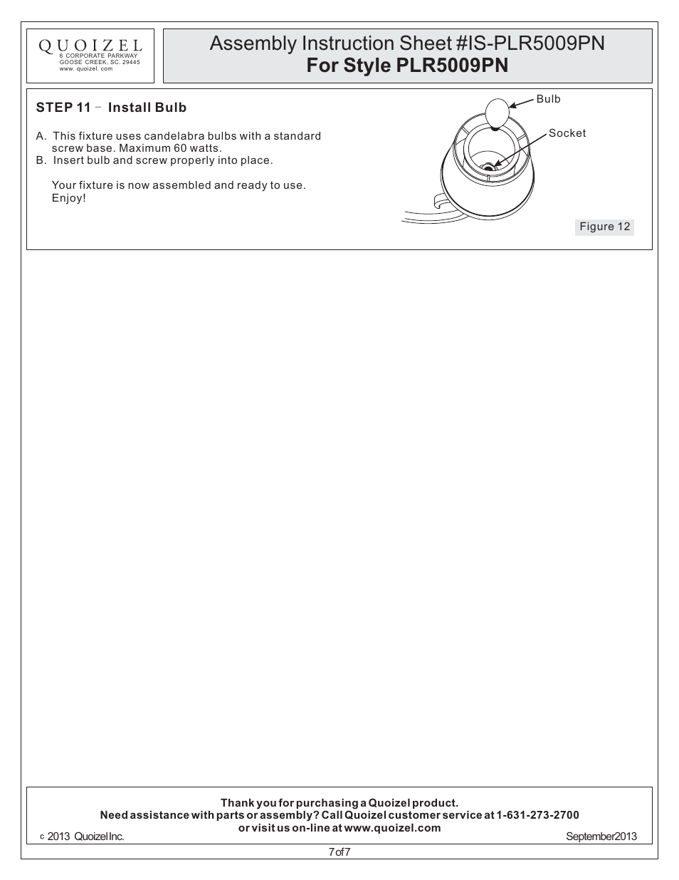 Assembly instruction sheet #is-plr5009pn, For style plr5009pn | Quoizel PLR5009PN Palmer User Manual | Page 7 / 7