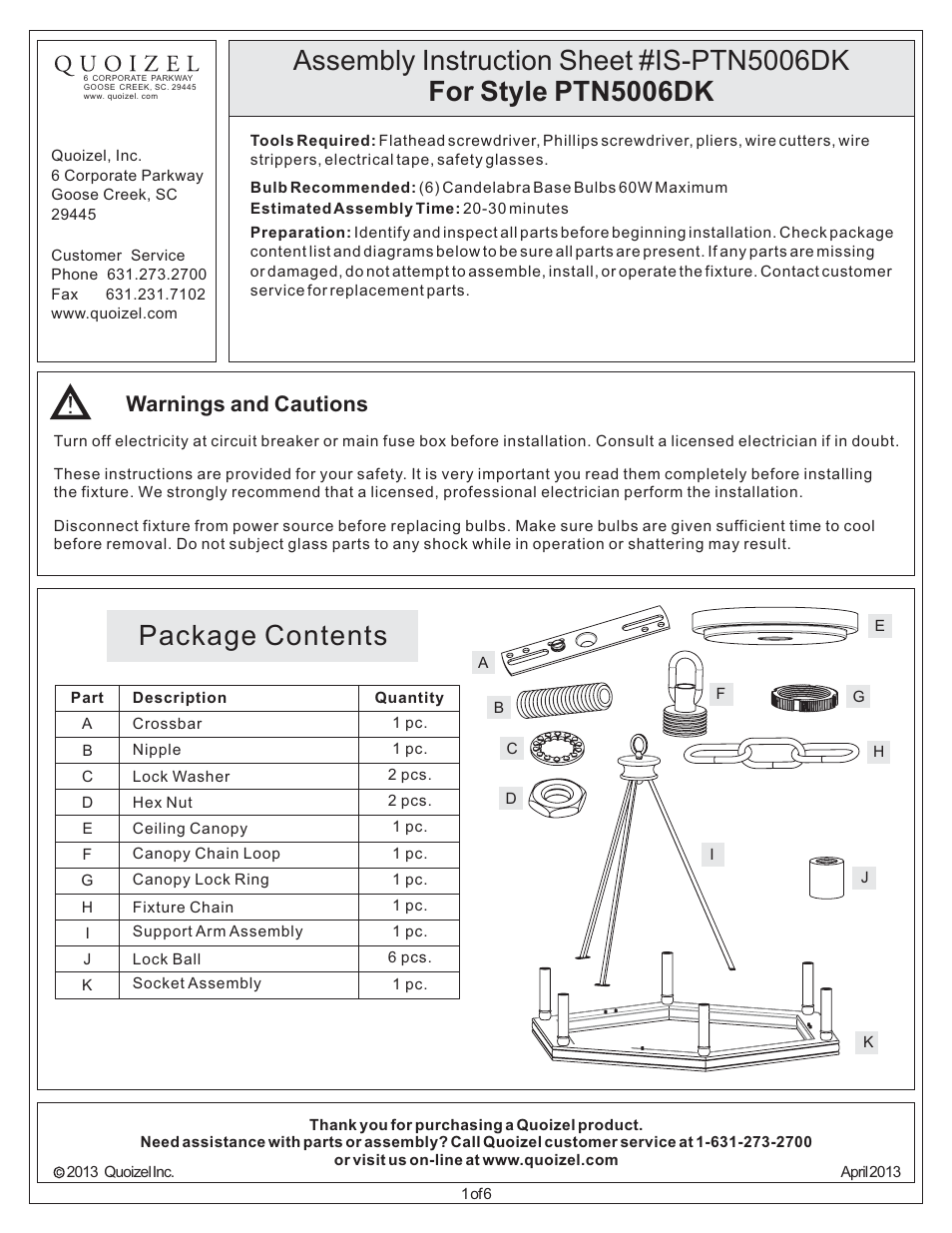 Quoizel PTN5006DK Plantation User Manual | 6 pages