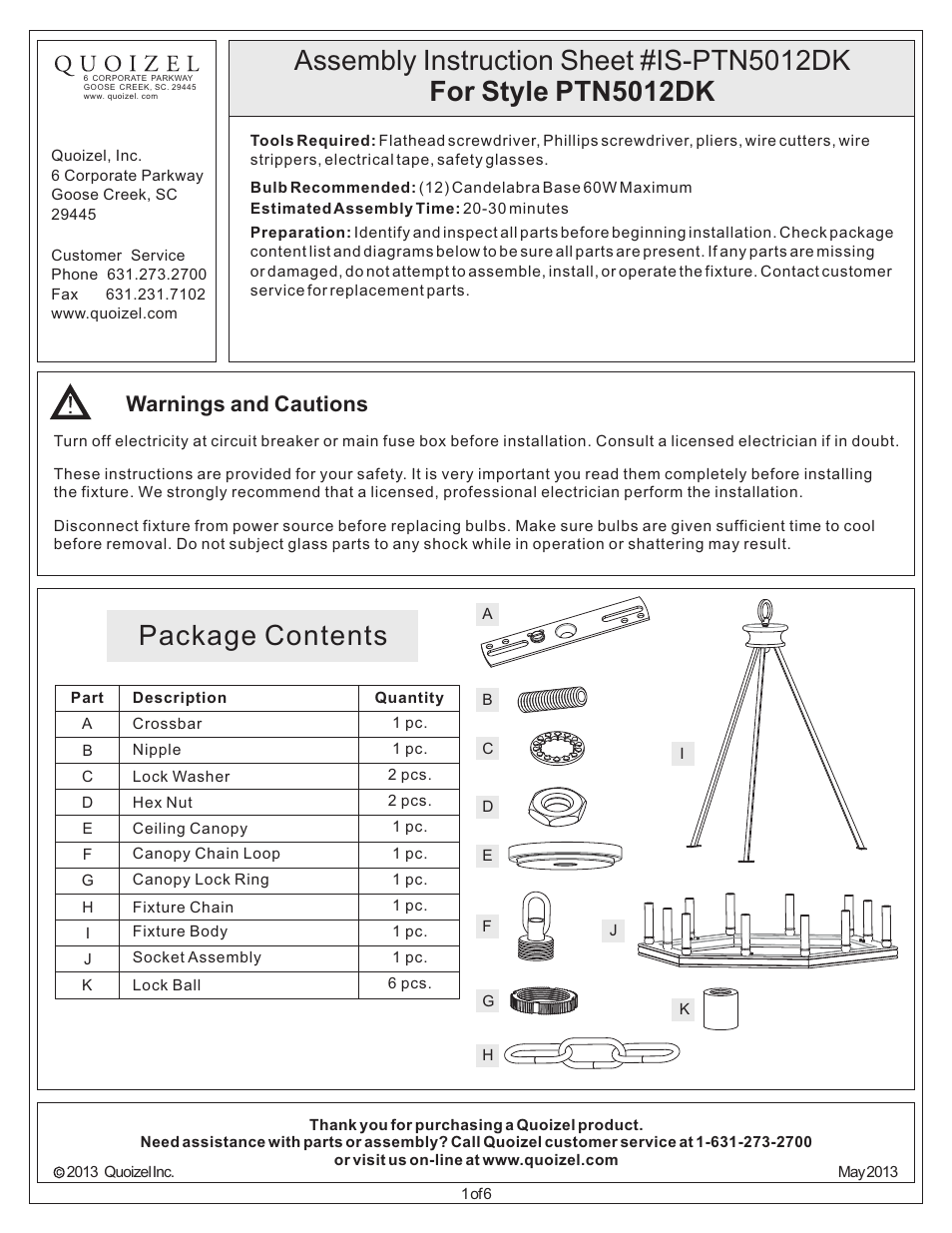 Quoizel PTN5012DK Plantation User Manual | 6 pages