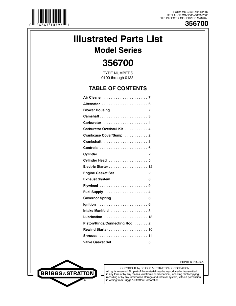 Briggs & Stratton 356700 User Manual | 18 pages