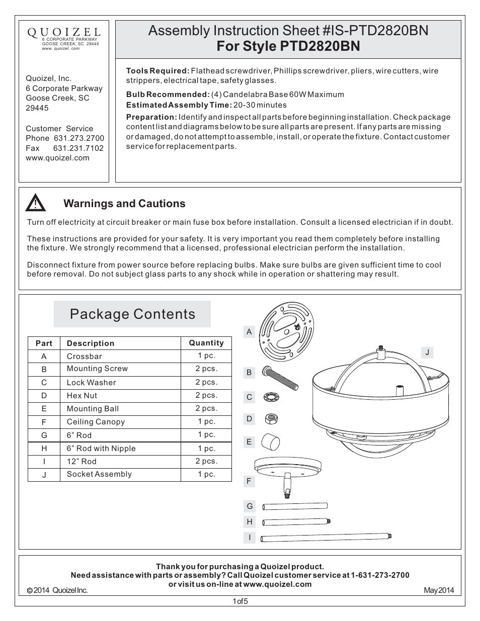 Quoizel PTD2820BN Portland User Manual | 5 pages