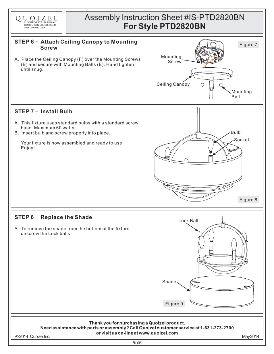 Quoizel PTD2820BN Portland User Manual | Page 5 / 5