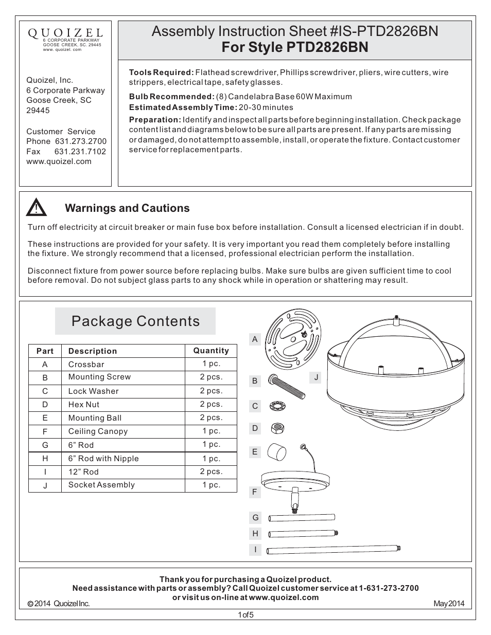 Quoizel PTD2826BN Portland User Manual | 5 pages