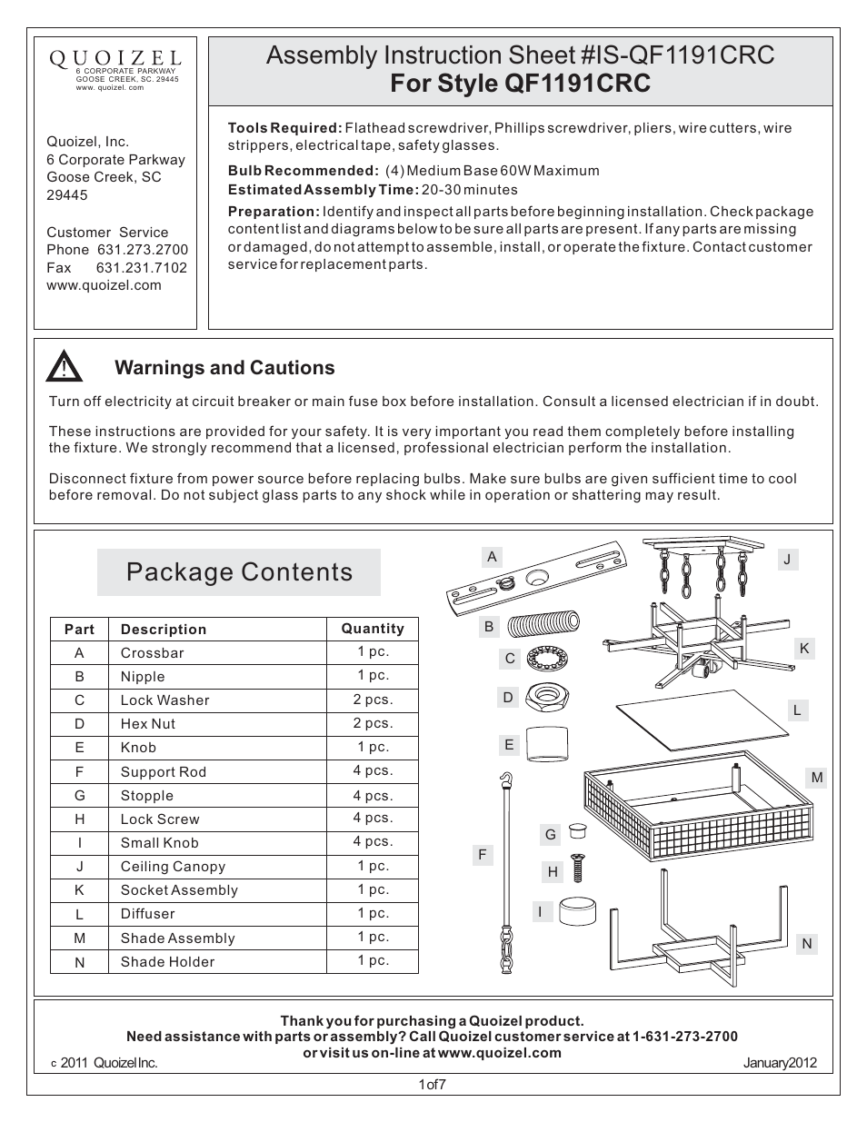 Quoizel QF1191CRC Quoizel Fixture User Manual | 7 pages