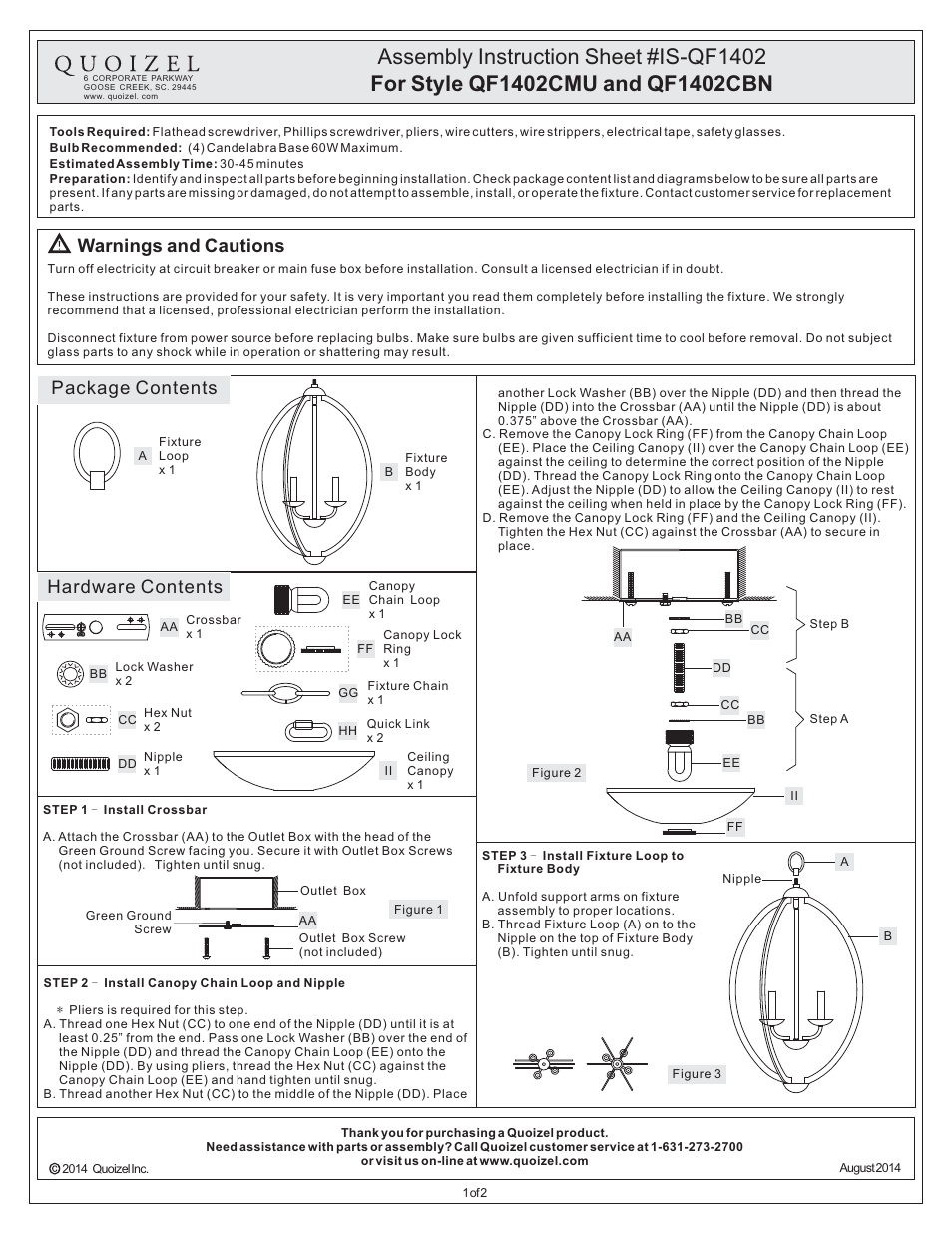 Quoizel QF1402CMU Quoizel Fixture User Manual | 2 pages