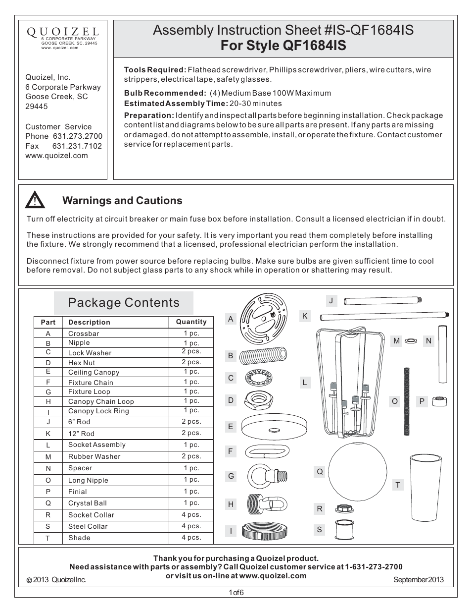 Quoizel QF1684IS Quoizel Fixture User Manual | 6 pages