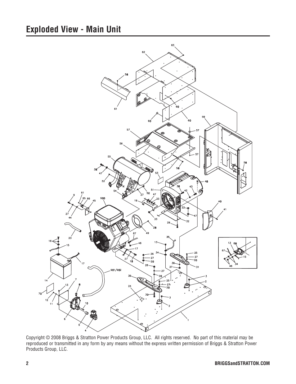 Exploded view - main unit | Briggs & Stratton 040229-2 User Manual | Page 2 / 7