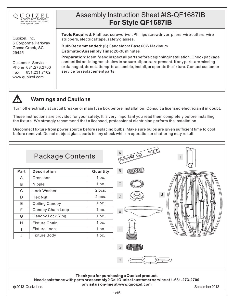 Quoizel QF1687IB Quoizel Fixture User Manual | 6 pages