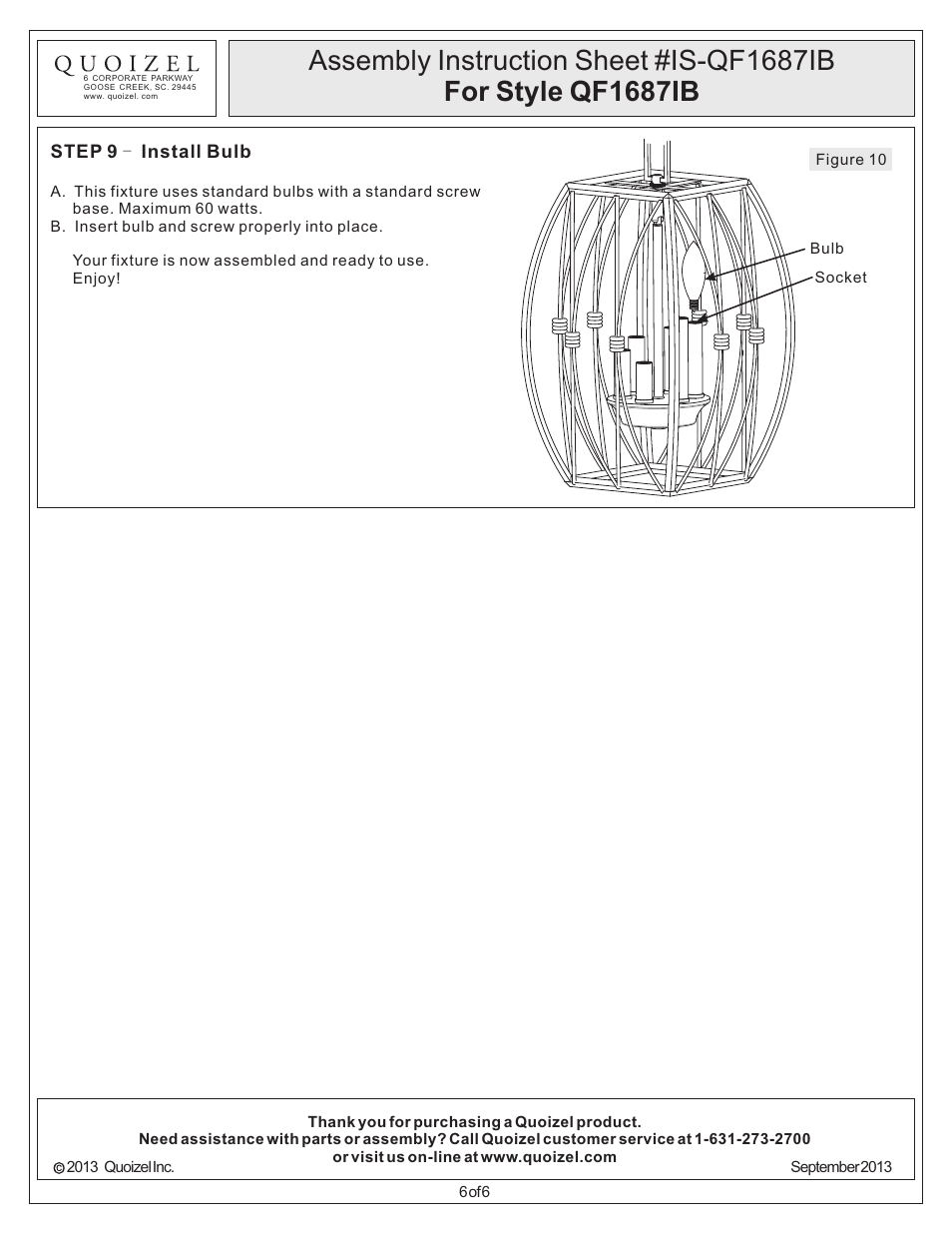 Quoizel QF1687IB Quoizel Fixture User Manual | Page 6 / 6