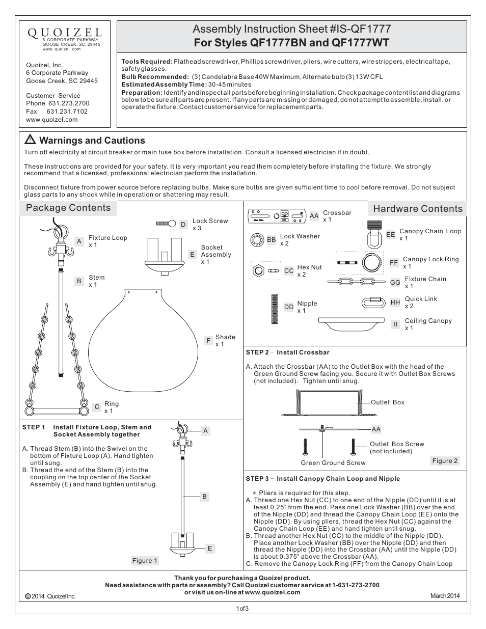 Quoizel QF1777BN Quoizel Fixture User Manual | 3 pages