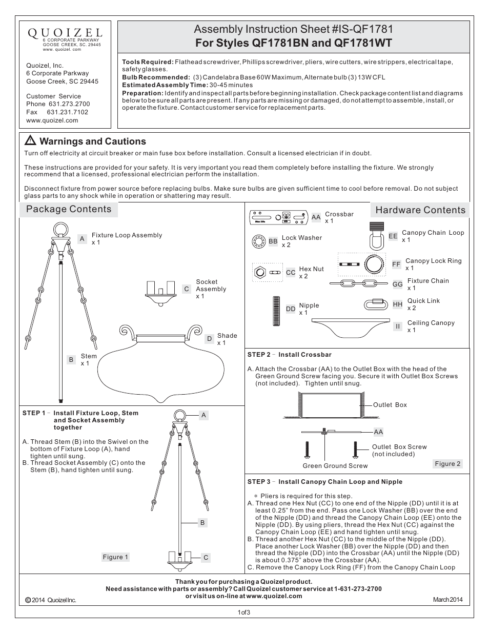 Quoizel QF1781BN Quoizel Fixture User Manual | 3 pages