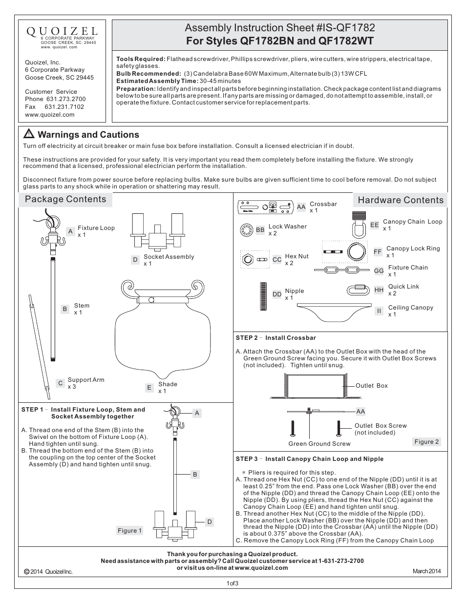 Quoizel QF1782BN Quoizel Fixture User Manual | 3 pages