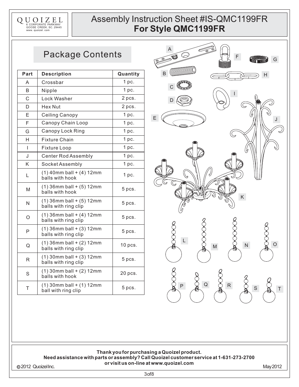 Package contents | Quoizel QMC1199FR Quoizel Mini Chandelier User Manual | Page 3 / 8