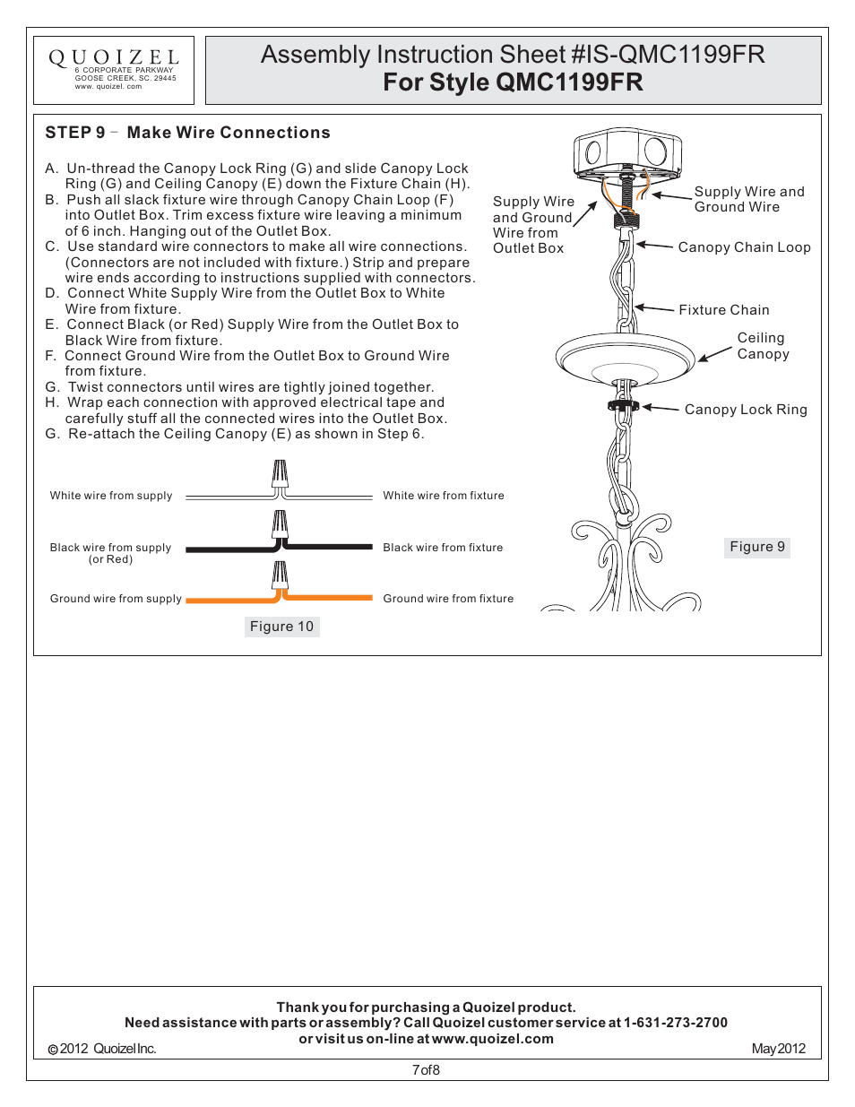 Step 9 - make wire connections | Quoizel QMC1199FR Quoizel Mini Chandelier User Manual | Page 7 / 8