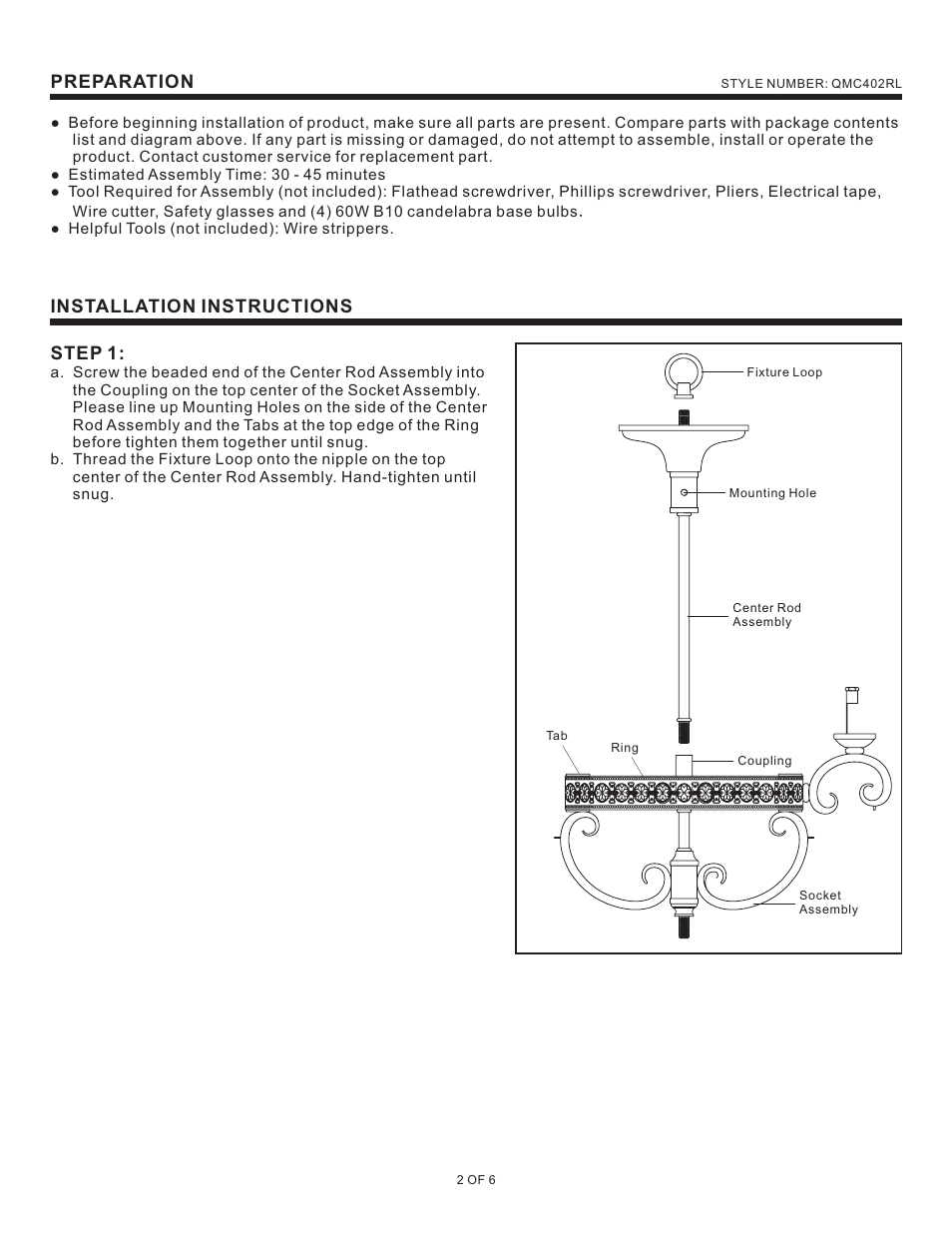 Preparation, Installation instructions step 1 | Quoizel QMC402RL Quoizel Mini Chandelier User Manual | Page 2 / 6