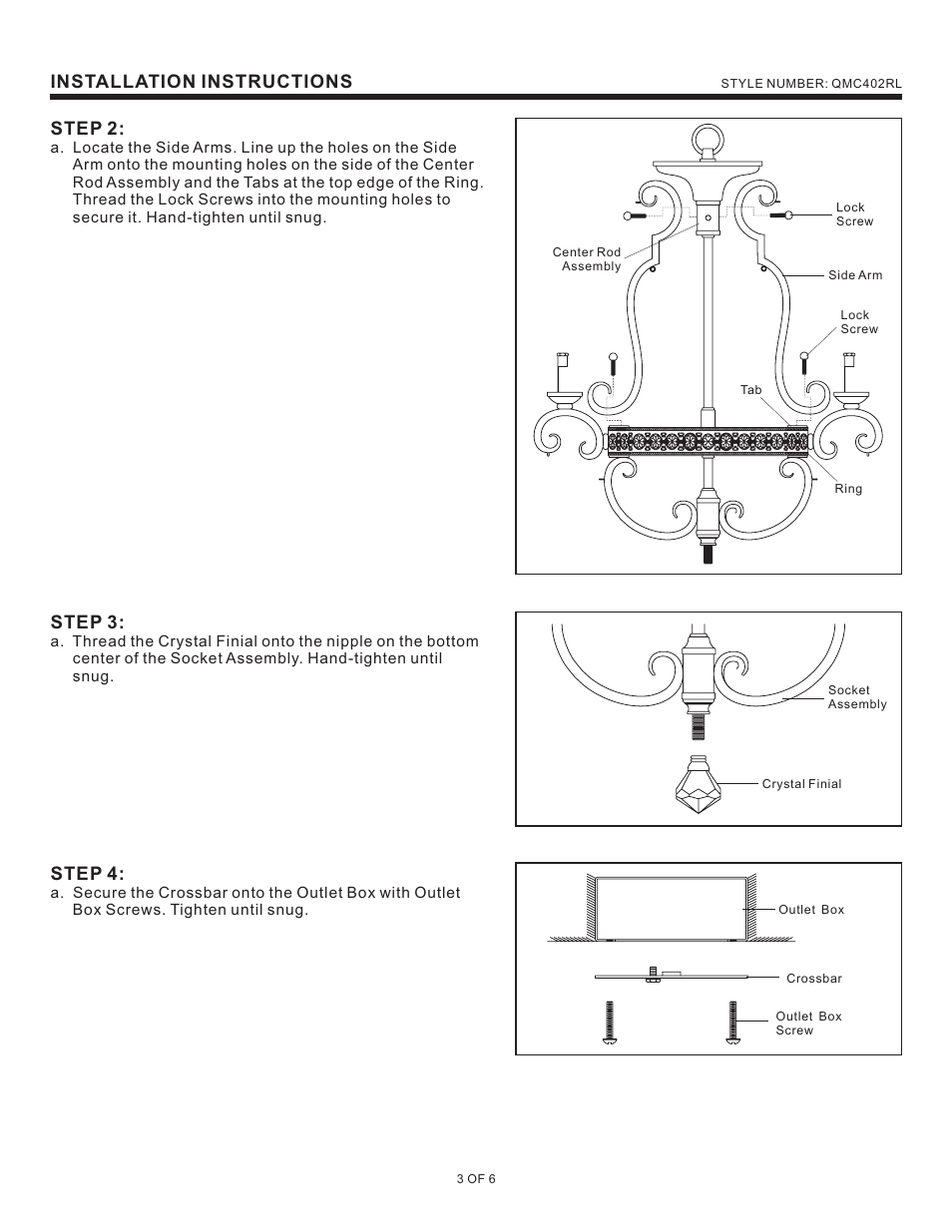 Installation instructions step 2, Step 3, Step 4 | Quoizel QMC402RL Quoizel Mini Chandelier User Manual | Page 3 / 6