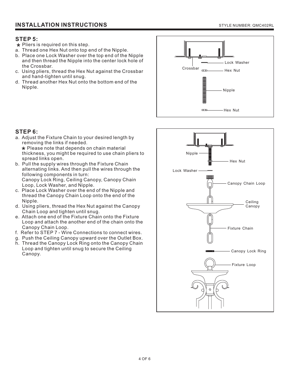 Installation instructions step 5, Step 6 | Quoizel QMC402RL Quoizel Mini Chandelier User Manual | Page 4 / 6