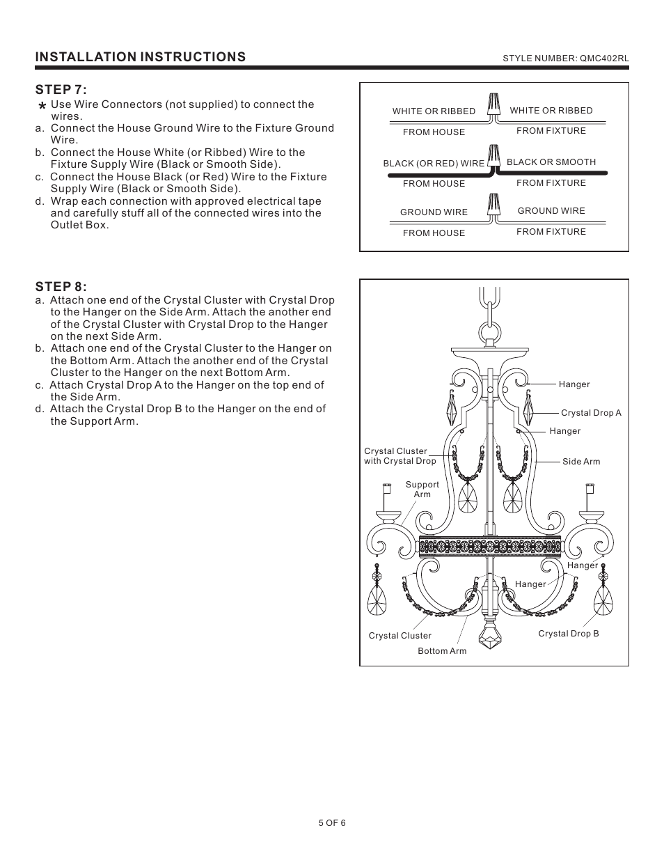 Installation instructions, Step 7, Step 8 | Quoizel QMC402RL Quoizel Mini Chandelier User Manual | Page 5 / 6