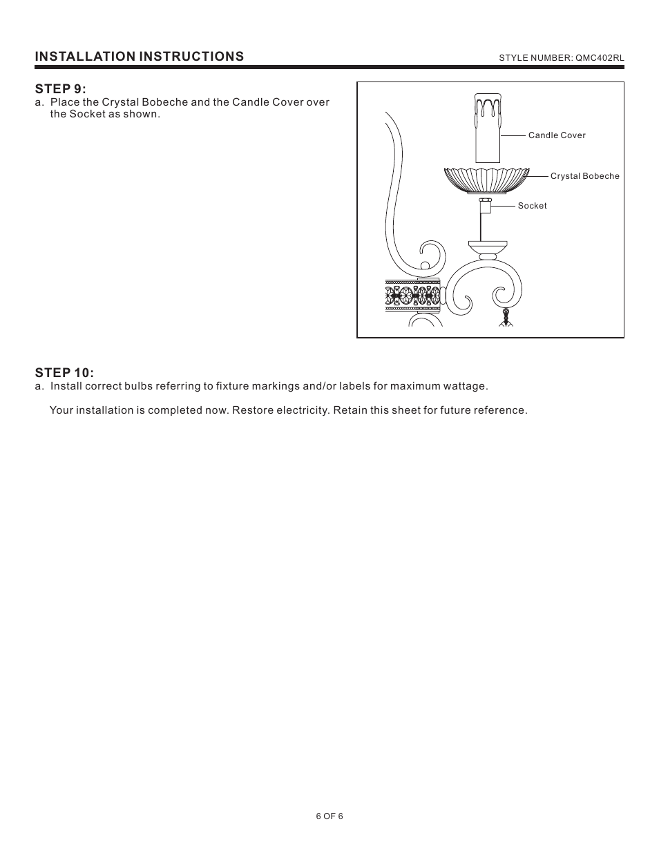 Installation instructions, Step 9, Step 10 | Quoizel QMC402RL Quoizel Mini Chandelier User Manual | Page 6 / 6