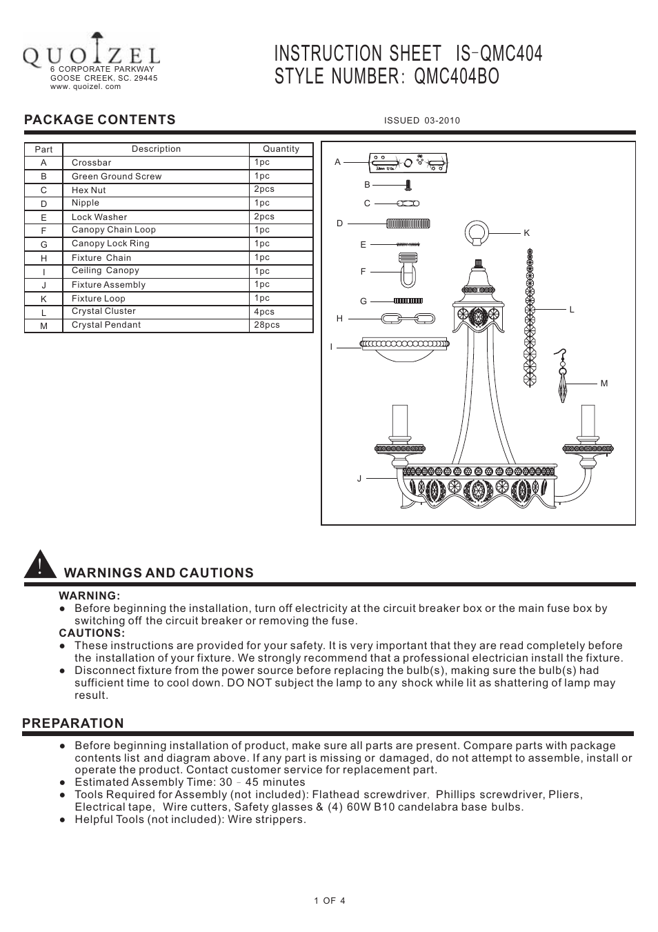 Quoizel QMC404BO Quoizel Mini Chandelier User Manual | 4 pages