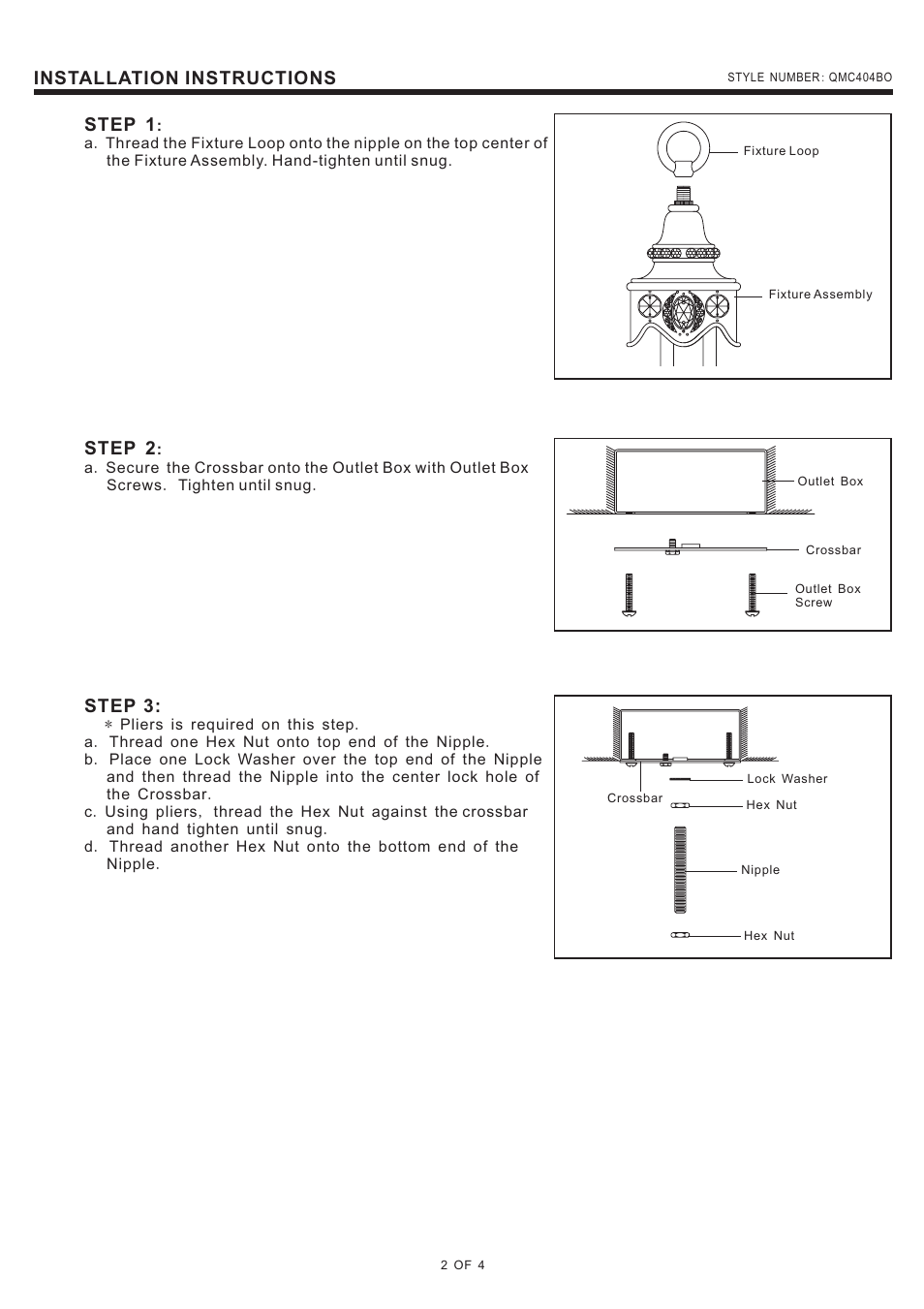 Installation instructions, Step 1, Step 2 | Step 3 | Quoizel QMC404BO Quoizel Mini Chandelier User Manual | Page 2 / 4