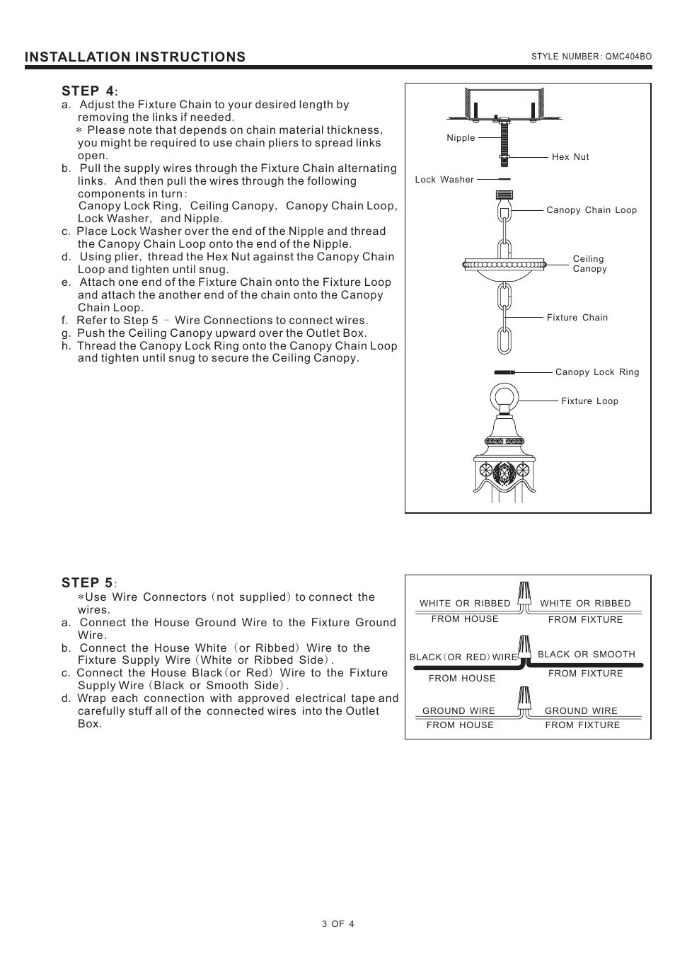 Installation instructions step 4, Step 5 | Quoizel QMC404BO Quoizel Mini Chandelier User Manual | Page 3 / 4