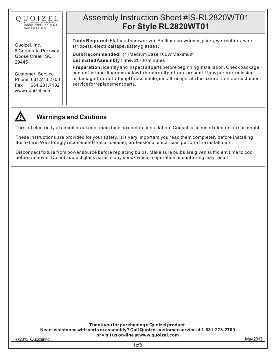 Quoizel RL2820WT01 Radcliff User Manual | 8 pages