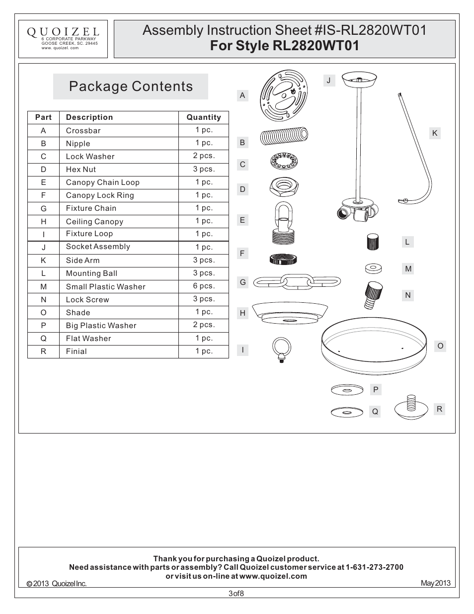 Package contents | Quoizel RL2820WT01 Radcliff User Manual | Page 3 / 8