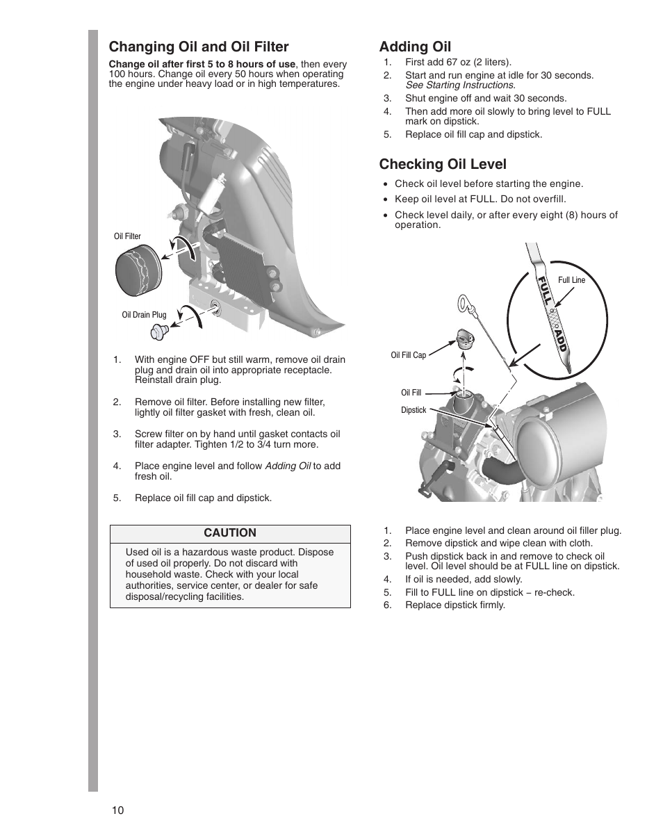 Changing oil and oil filter, Adding oil, Checking oil level | Briggs & Stratton 610000 User Manual | Page 10 / 20