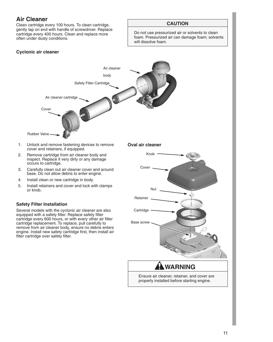 Warning, Air cleaner | Briggs & Stratton 610000 User Manual | Page 11 / 20