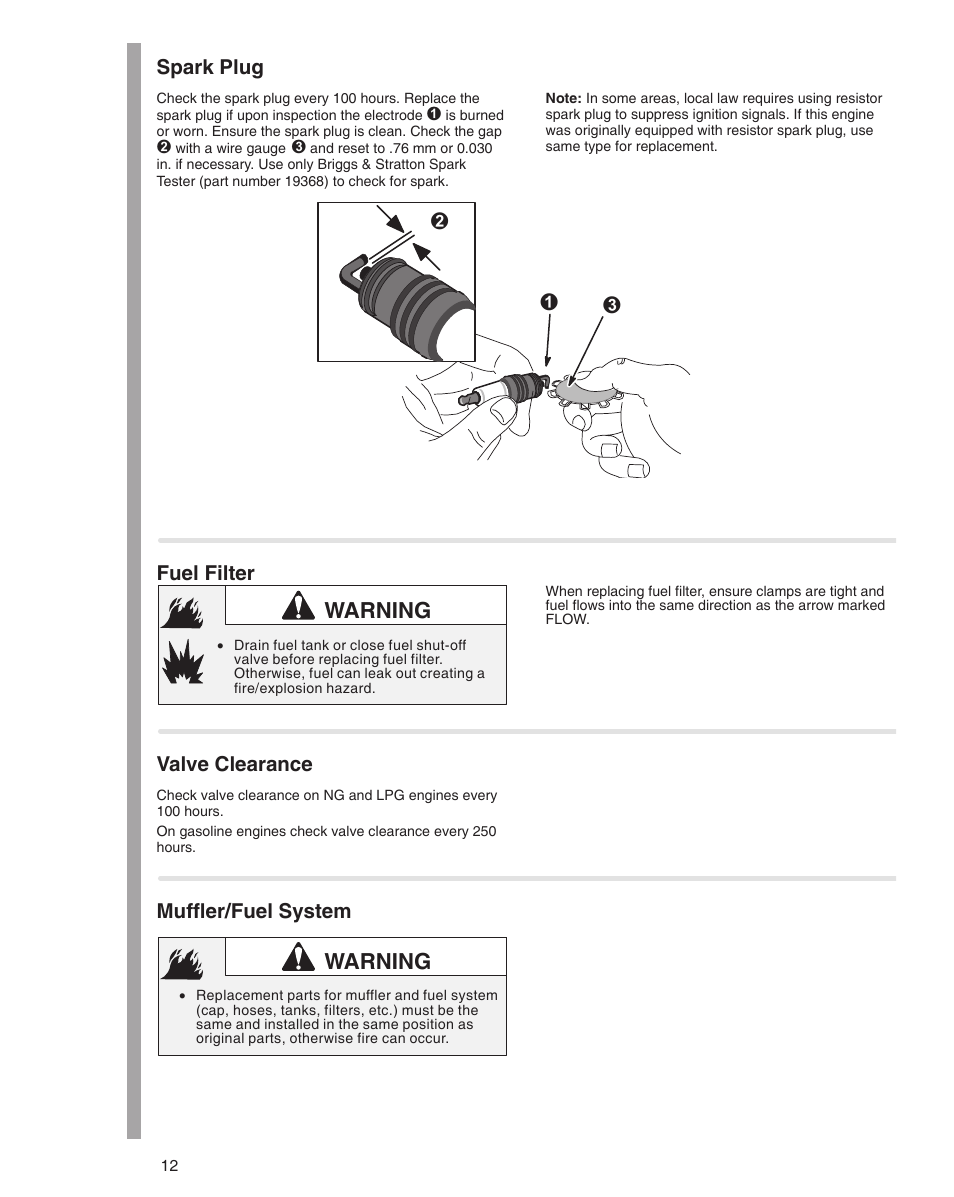 Км л, Warning, Spark plug | Fuel filter, Valve clearance, Muffler/fuel system | Briggs & Stratton 610000 User Manual | Page 12 / 20