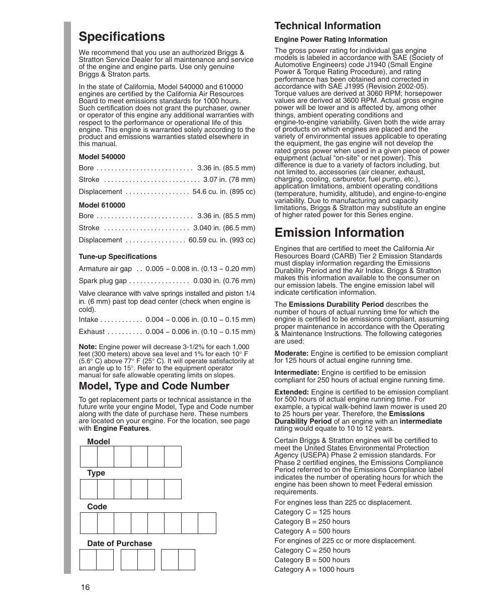 Specifications, Emission information, Model, type and code number | Technical information | Briggs & Stratton 610000 User Manual | Page 16 / 20