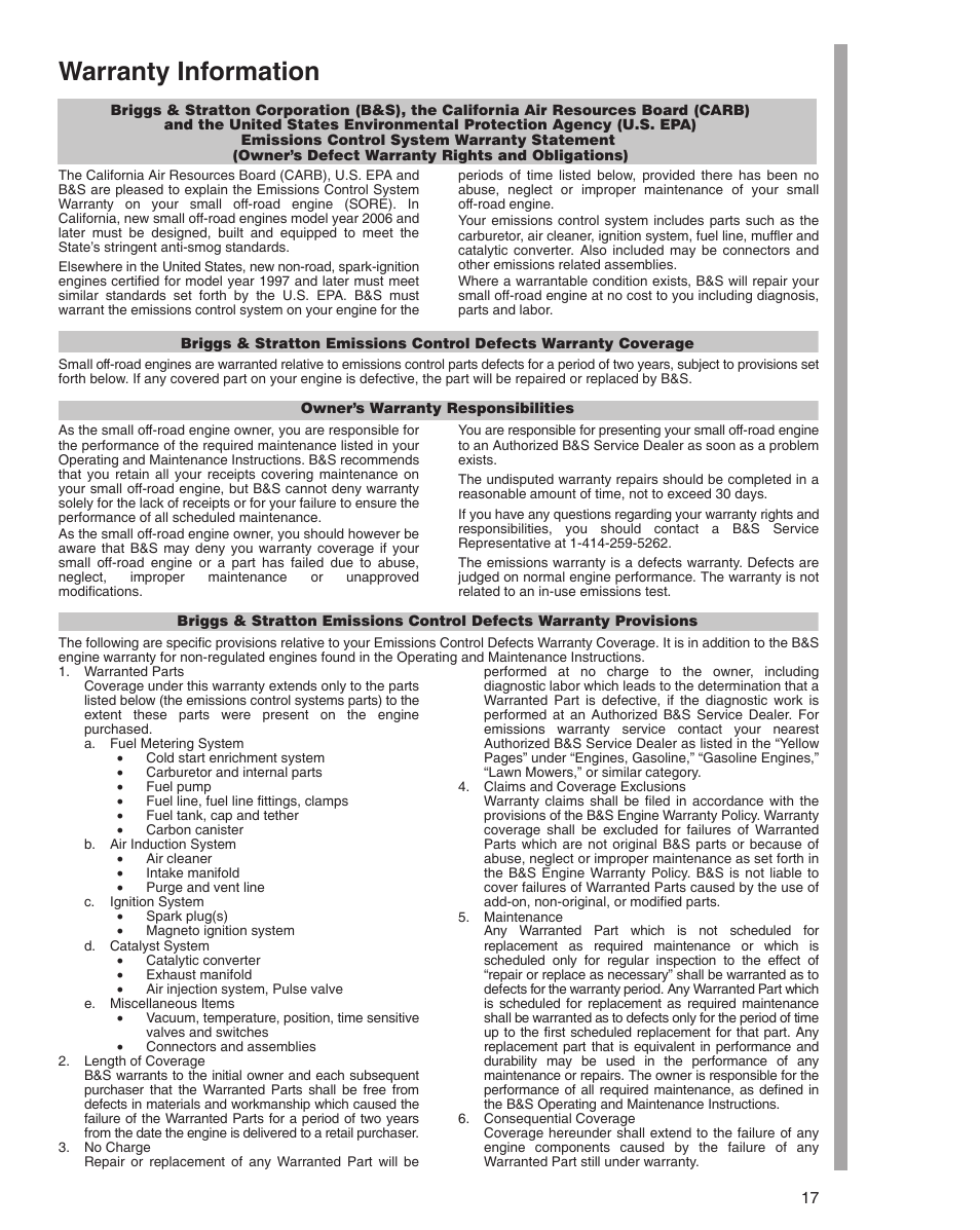 Warranty information | Briggs & Stratton 610000 User Manual | Page 17 / 20